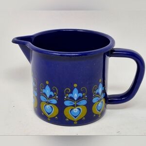 Vintage Cobalt Blue Enamel Creamer With Retro Pattern